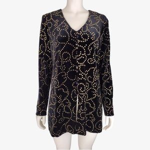 Vintage 1980s Black Velvet Gold Metallic Dotted Button Down Long Jacket